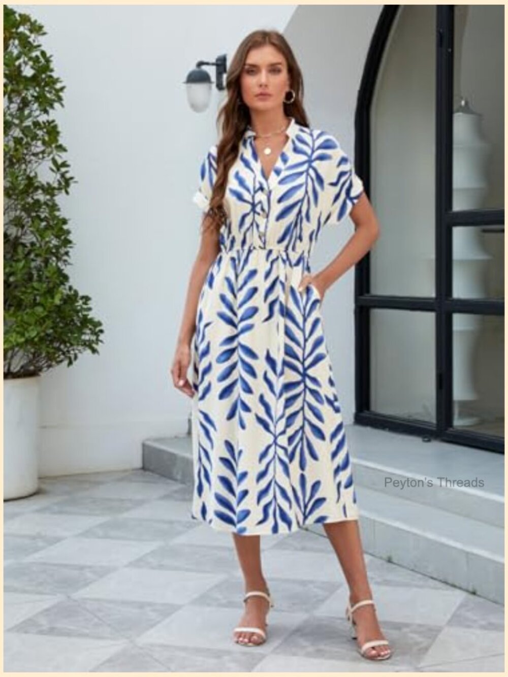 Women's V-Neck Short Sleeve Maxi Dress Flowy Hem Leaf Print - Picture 6 of 6